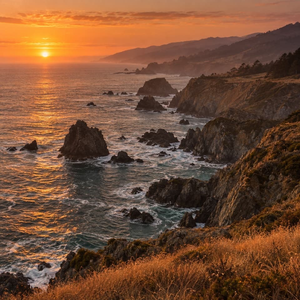 Sunset over a rugged coast, an illustrative clipboard image